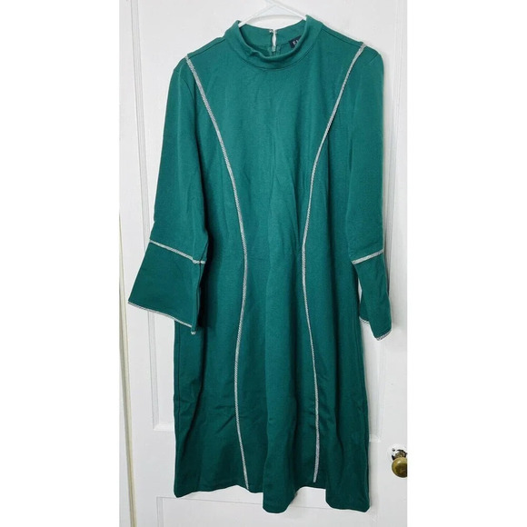 Elloquii Midi Sheath Dress Womens Sz 18 Green Stretch Plaid Accent Mock Neck - Picture 1 of 9